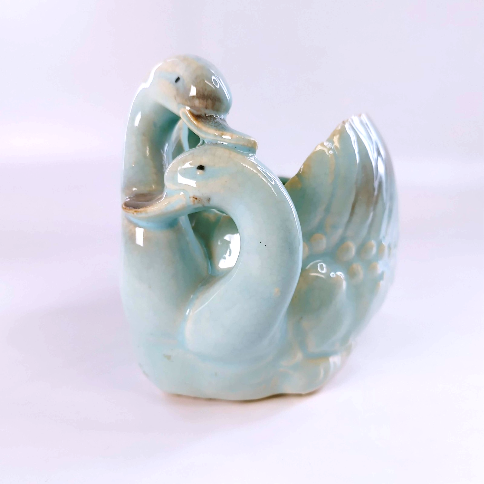 Vintage Entwined Dual Swan Planter Mid-Century Turquoise Aqua Gray Made in Japan