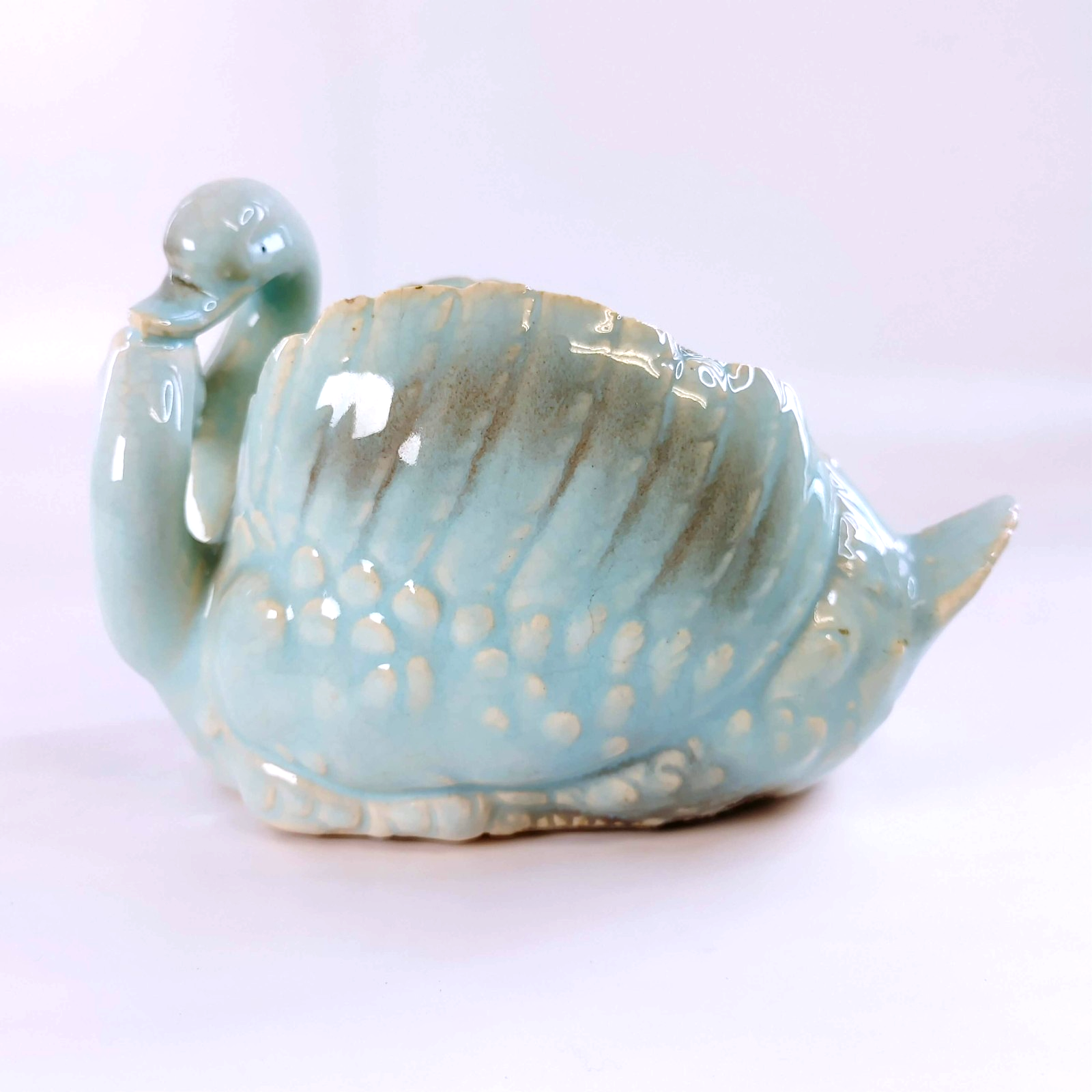 Vintage Entwined Dual Swan Planter Mid-Century Turquoise Aqua Gray Made in Japan
