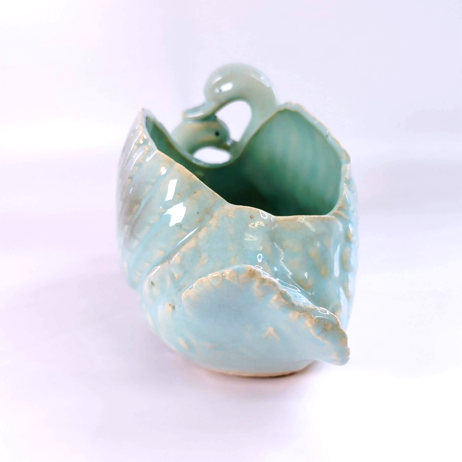 Vintage Entwined Dual Swan Planter Mid-Century Turquoise Aqua Gray Made in Japan