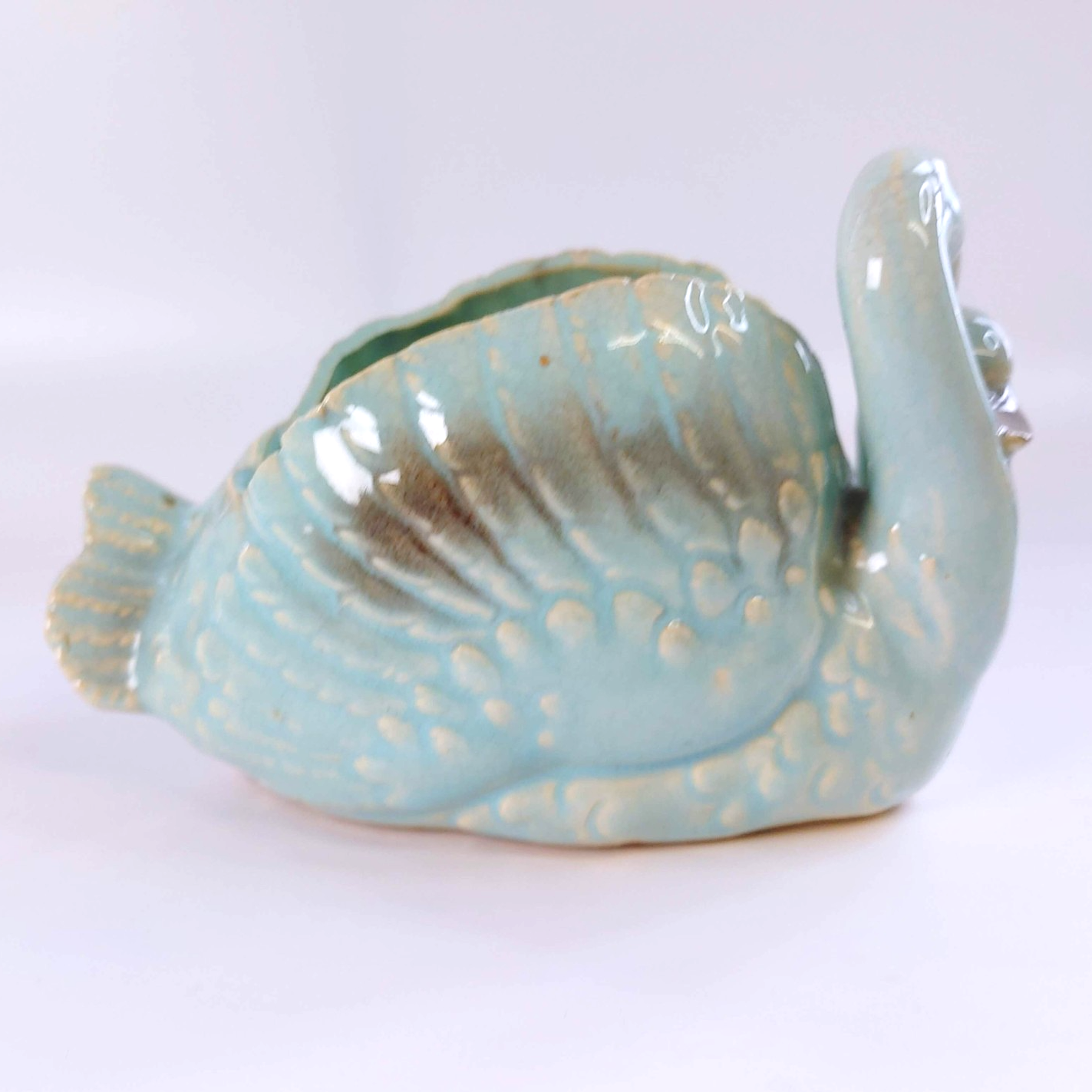 Vintage Entwined Dual Swan Planter Mid-Century Turquoise Aqua Gray Made in Japan