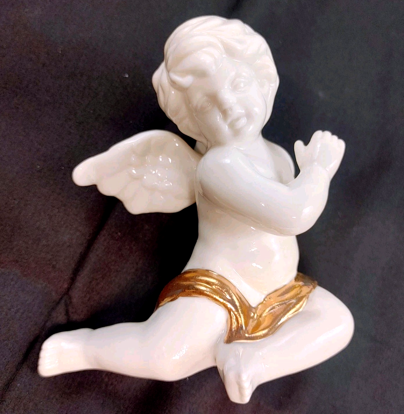 Vintage Porcelain Seated Cherub Angel Figurine High Gloss White Gold Sash 4"
