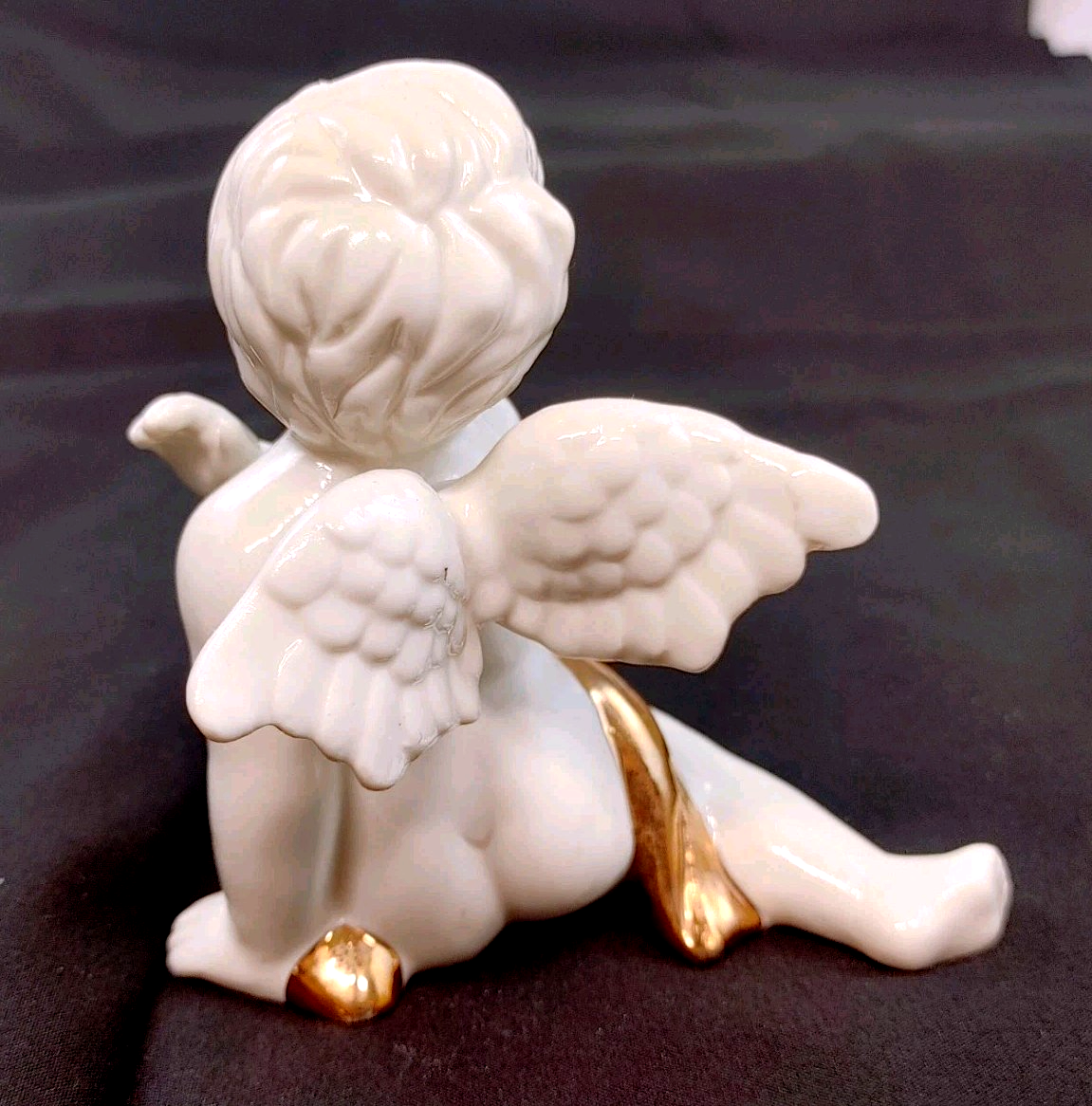 Vintage Porcelain Seated Cherub Angel Figurine High Gloss White Gold Sash 4"