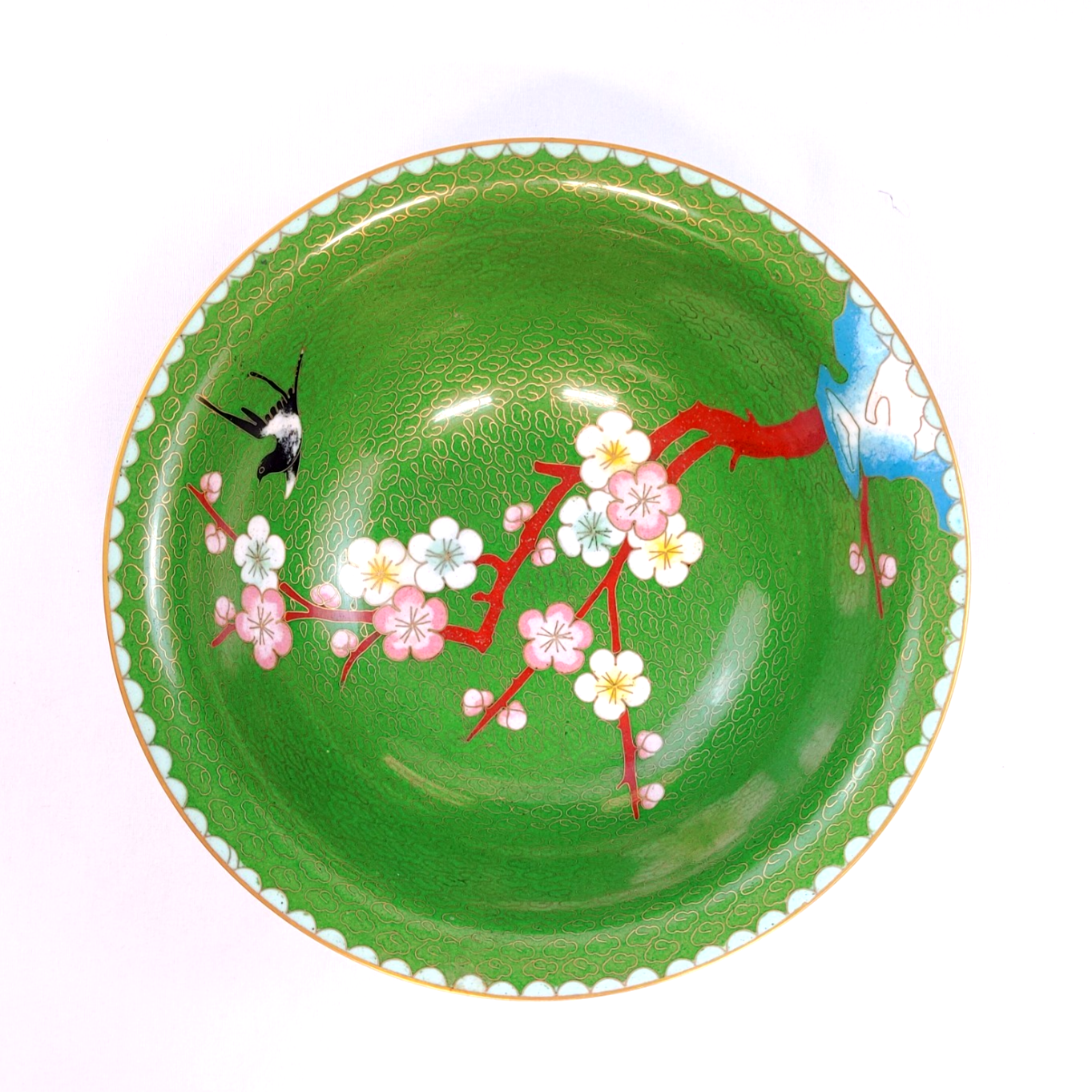 Vintage Chinese Cloisonne Footed Bowl - Green with Cherry Blossoms & Bird