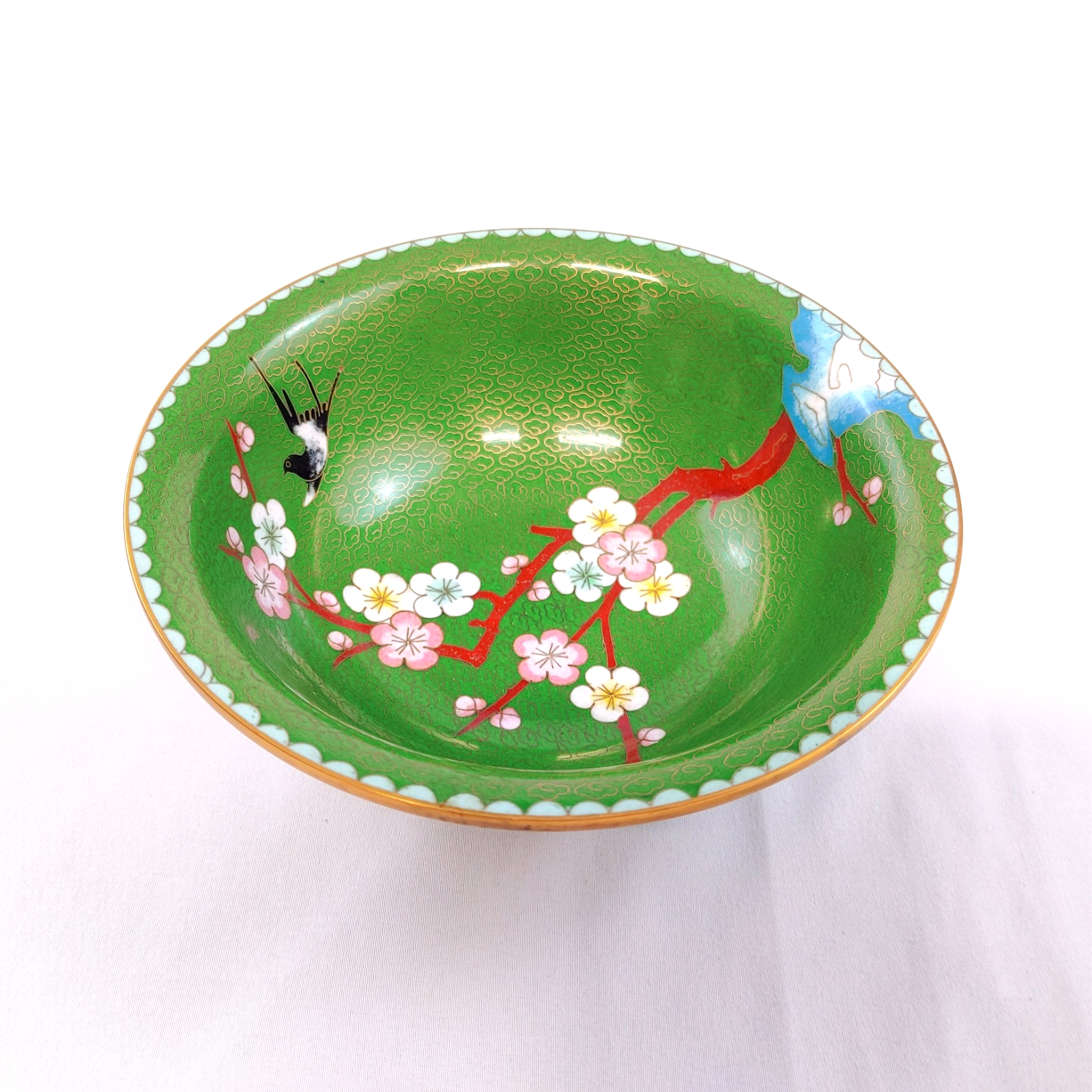 Vintage Chinese Cloisonne Footed Bowl - Green with Cherry Blossoms & Bird