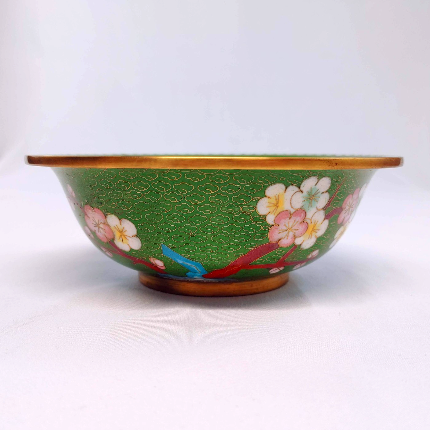 Vintage Chinese Cloisonne Footed Bowl - Green with Cherry Blossoms & Bird