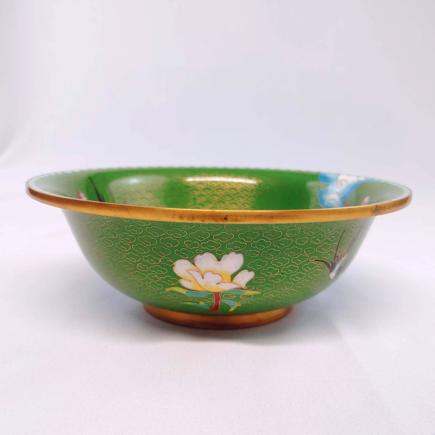 Vintage Chinese Cloisonne Footed Bowl - Green with Cherry Blossoms & Bird