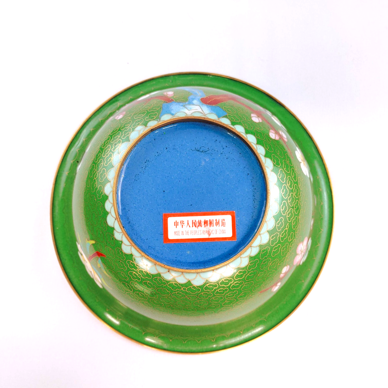Vintage Chinese Cloisonne Footed Bowl - Green with Cherry Blossoms & Bird