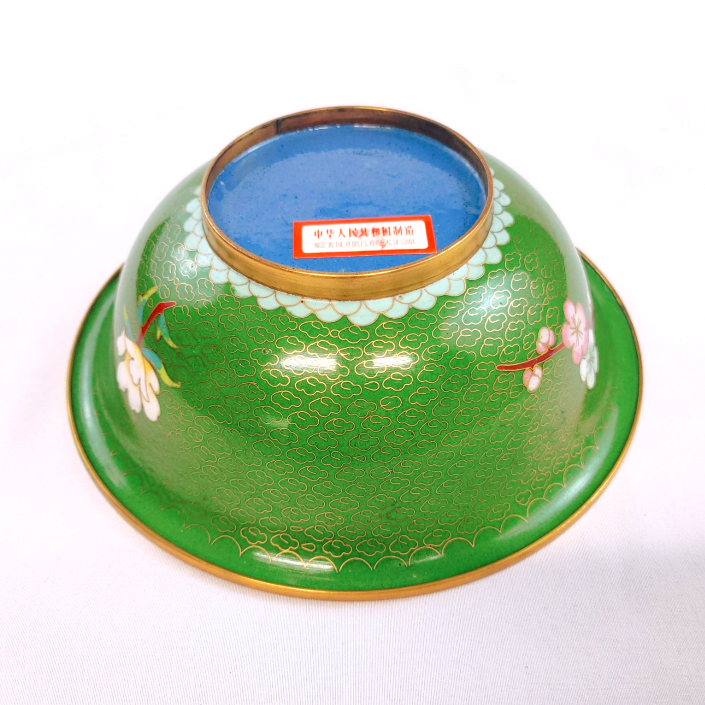 Vintage Chinese Cloisonne Footed Bowl - Green with Cherry Blossoms & Bird