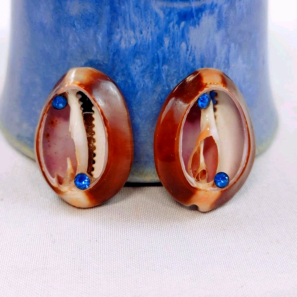 Vintage Shell Blue Rhinestone Screw Back Earrings Japan