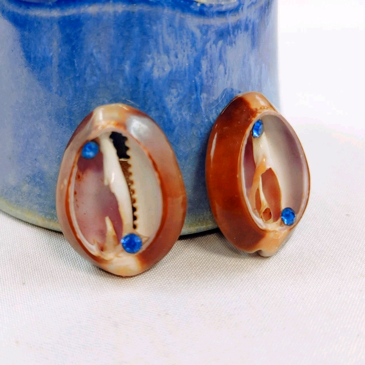 Vintage Shell Blue Rhinestone Screw Back Earrings Japan