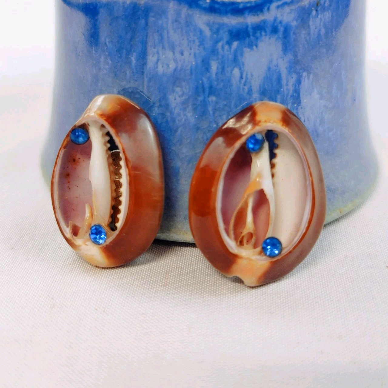 Vintage Shell Blue Rhinestone Screw Back Earrings Japan