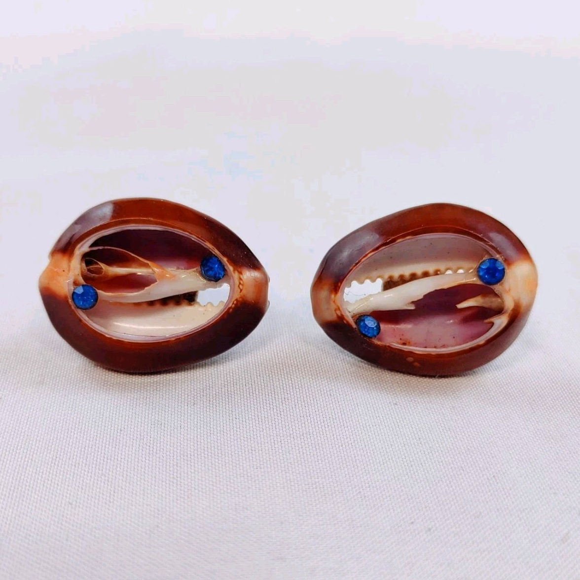 Vintage Shell Blue Rhinestone Screw Back Earrings Japan