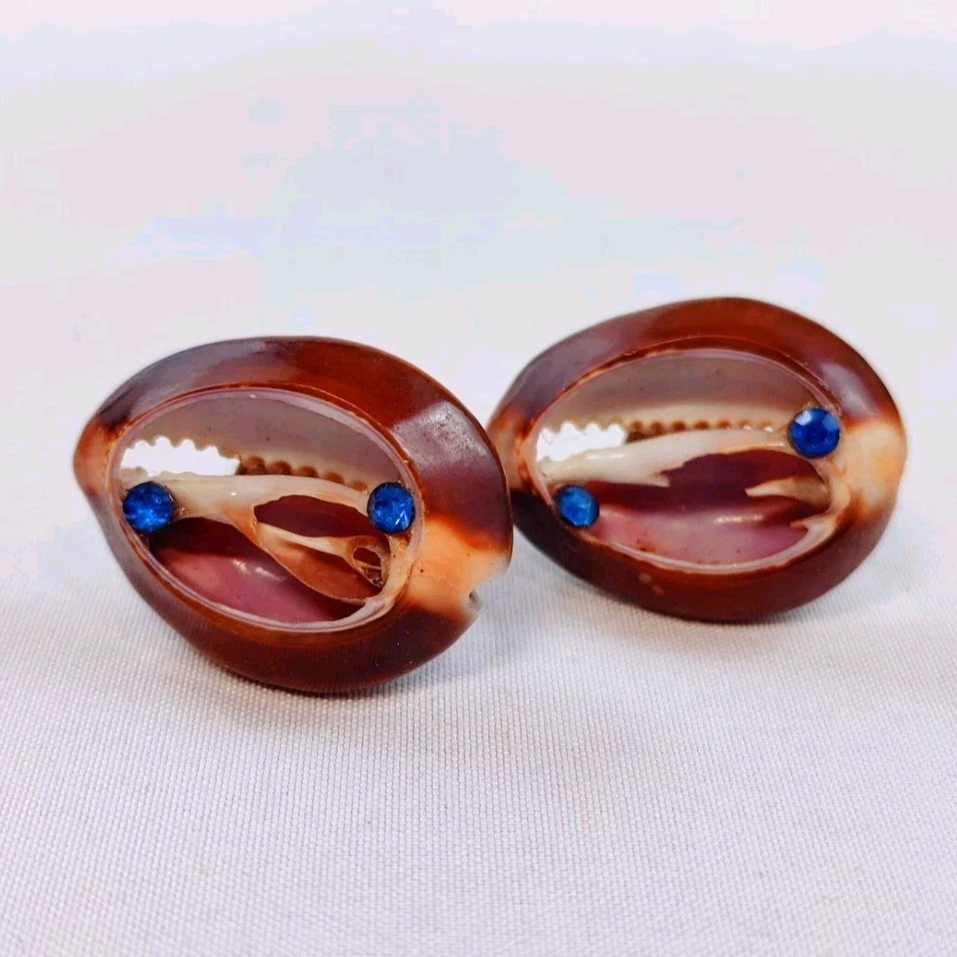 Vintage Shell Blue Rhinestone Screw Back Earrings Japan
