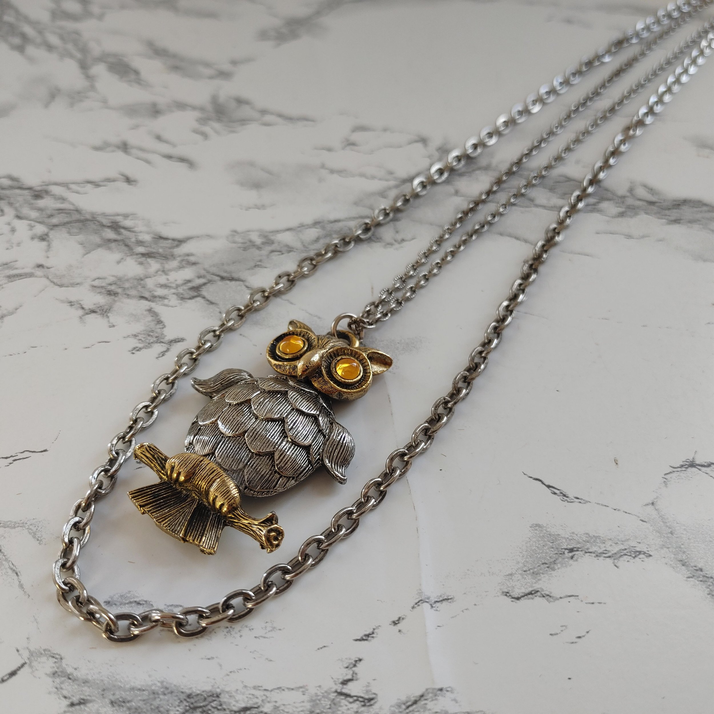Vintage Articulated Owl Necklace with Two-Tone Design & Double Chain