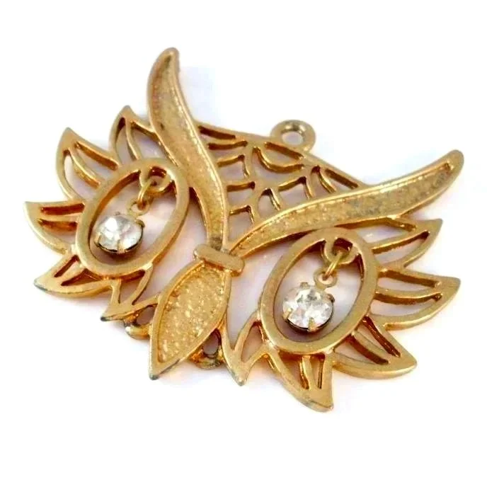 Vintage Art Deco Owl Pendant: Dangle Eyes, Gold & Rhinestones