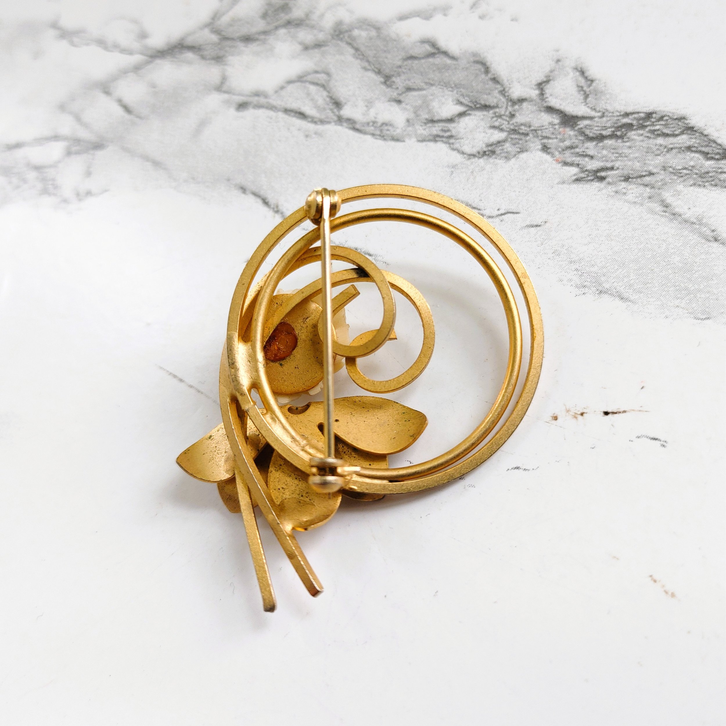 Vintage Gold-tone White Carved Rose Brooch