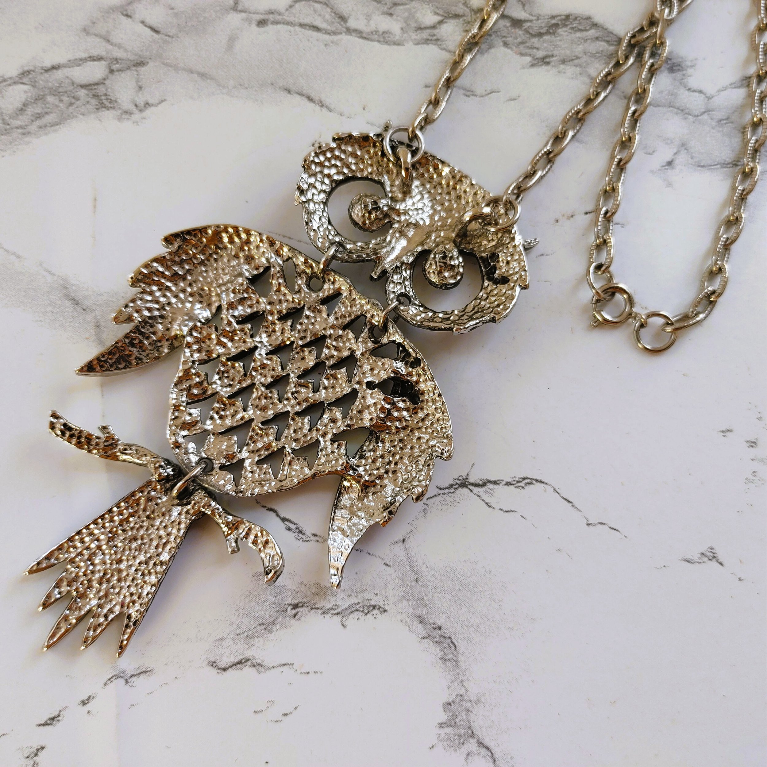 Vintage Articulated Owl Necklace Silver Tone Horned Owl