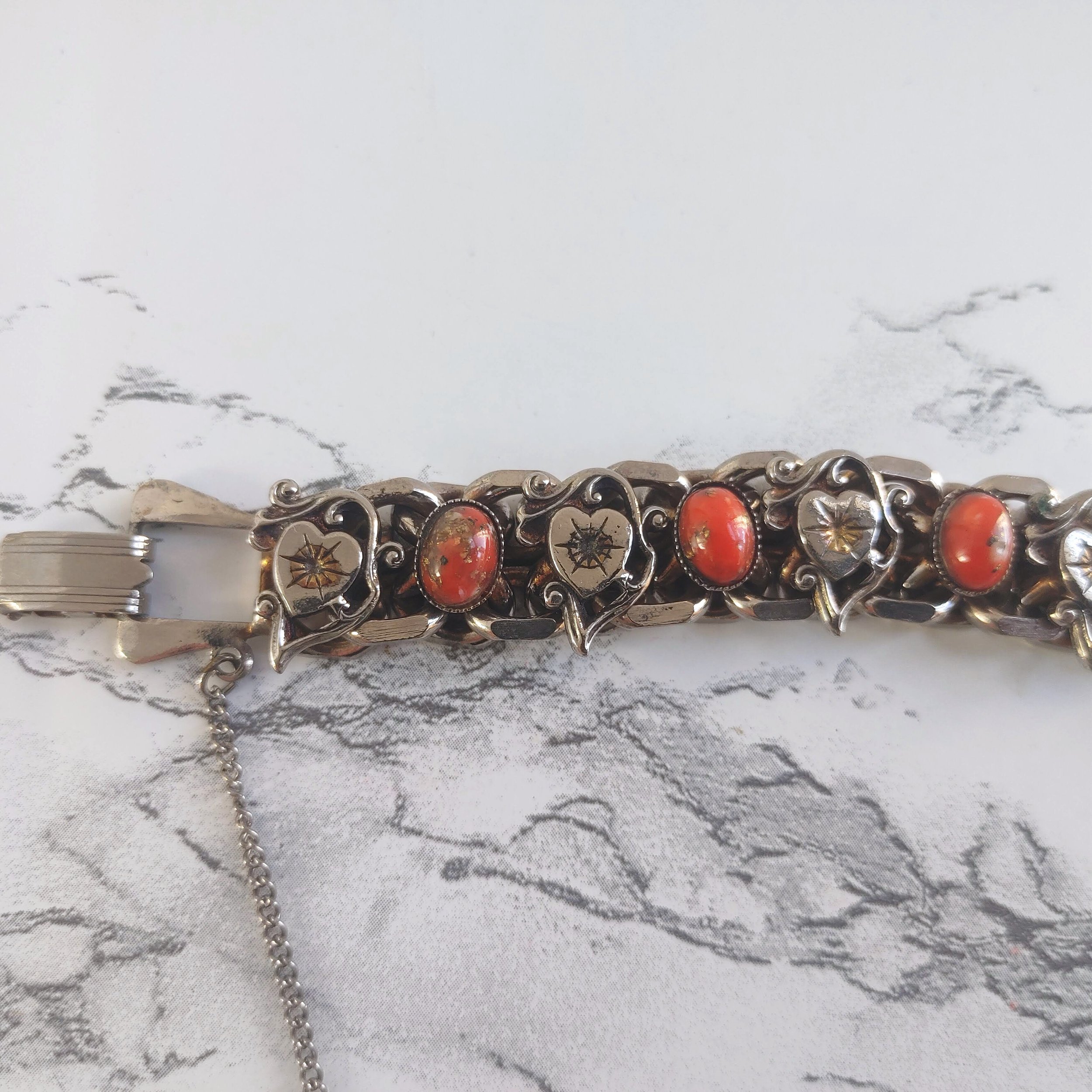 Vintage 1960s Silver Tone Bracelet - Orange Jasper & Filigree Hearts