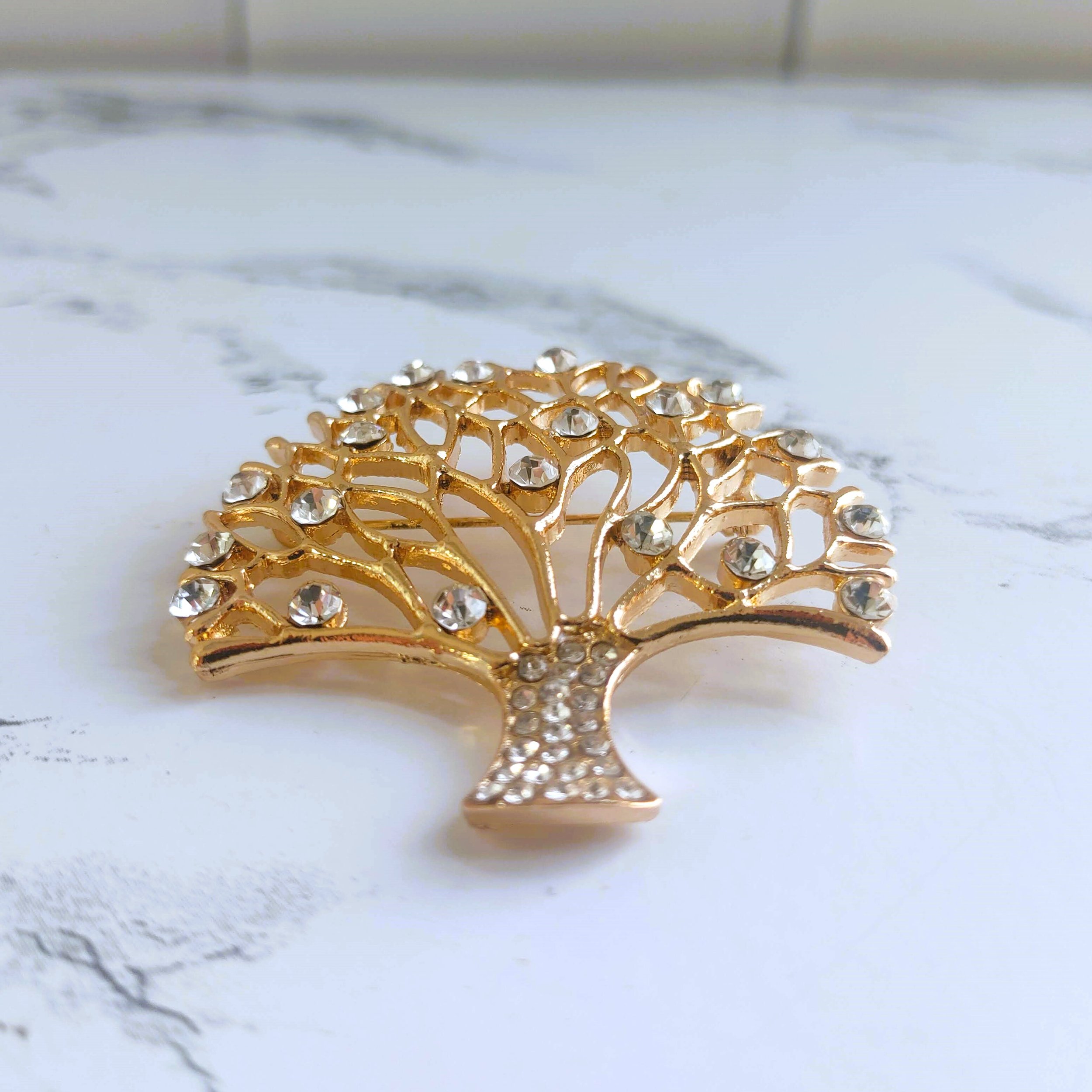 Vintage Gold Tree of Life Brooch with Clear Rhinestones