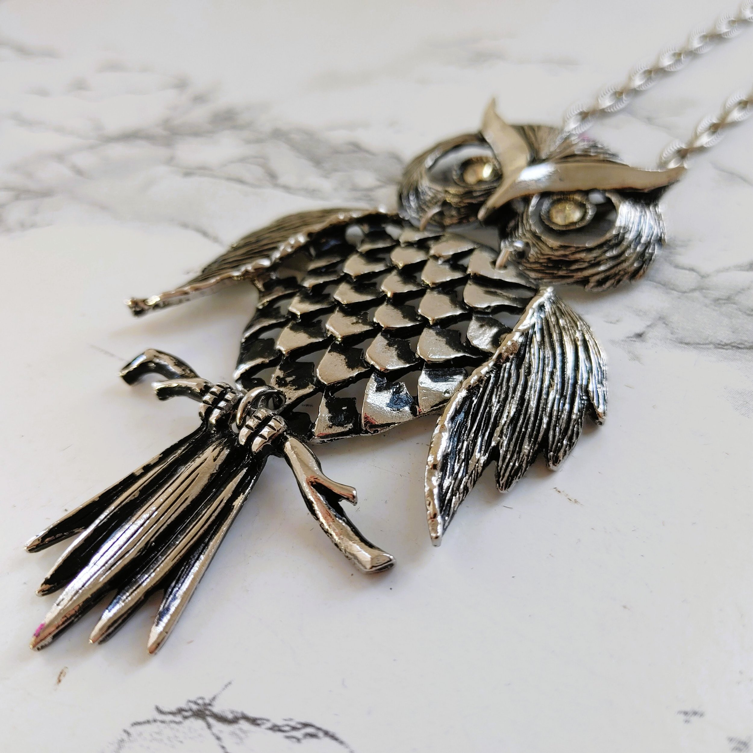 Vintage Articulated Owl Necklace Silver Tone Horned Owl