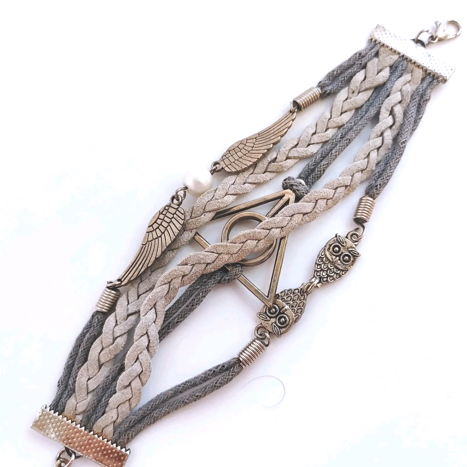 Harry Potter Inspired Bracelet Deathly Hallows Golden Snitch Owl Charm Gray