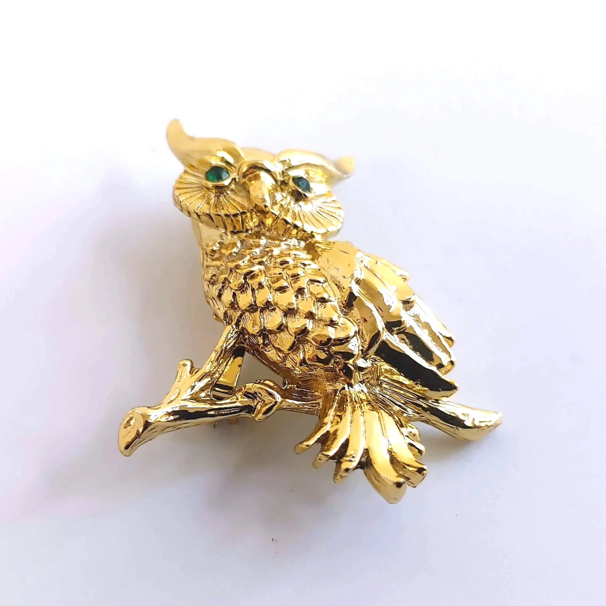 Vintage Gold Tone Horned Owl Brooch - Green Rhinestone Eyes