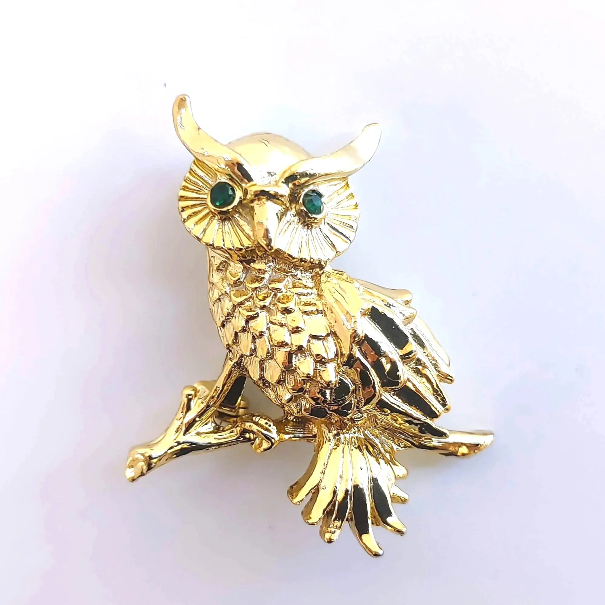 Vintage Gold Tone Horned Owl Brooch - Green Rhinestone Eyes