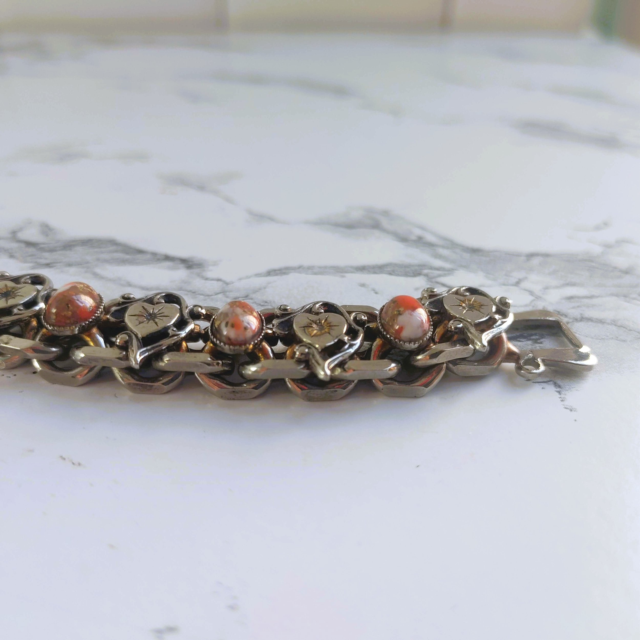 Vintage 1960s Silver Tone Bracelet - Orange Jasper & Filigree Hearts