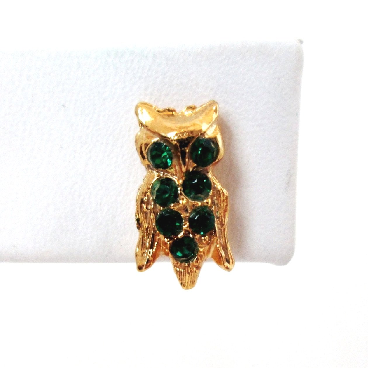 Vintage Gold Tone Owl Earrings with Green Rhinestones