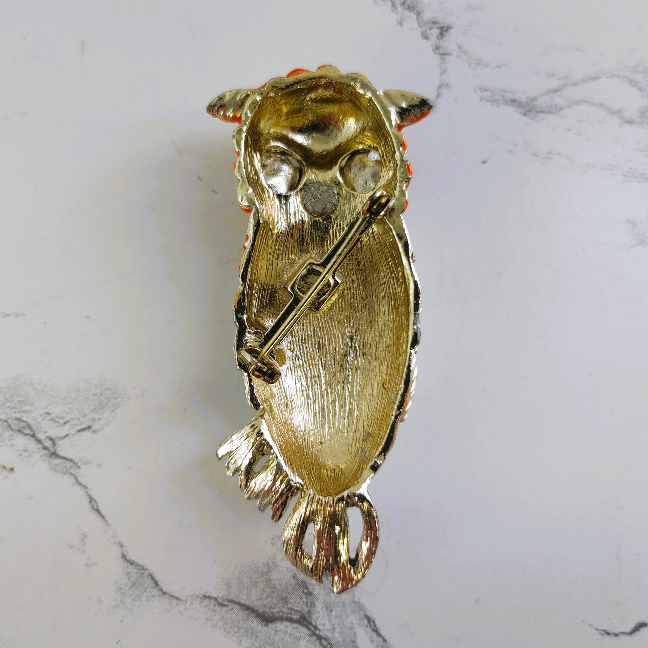Vintage Enamel Owl Brooch - Vibrant Colors Red Rhinestone (Missing stone)