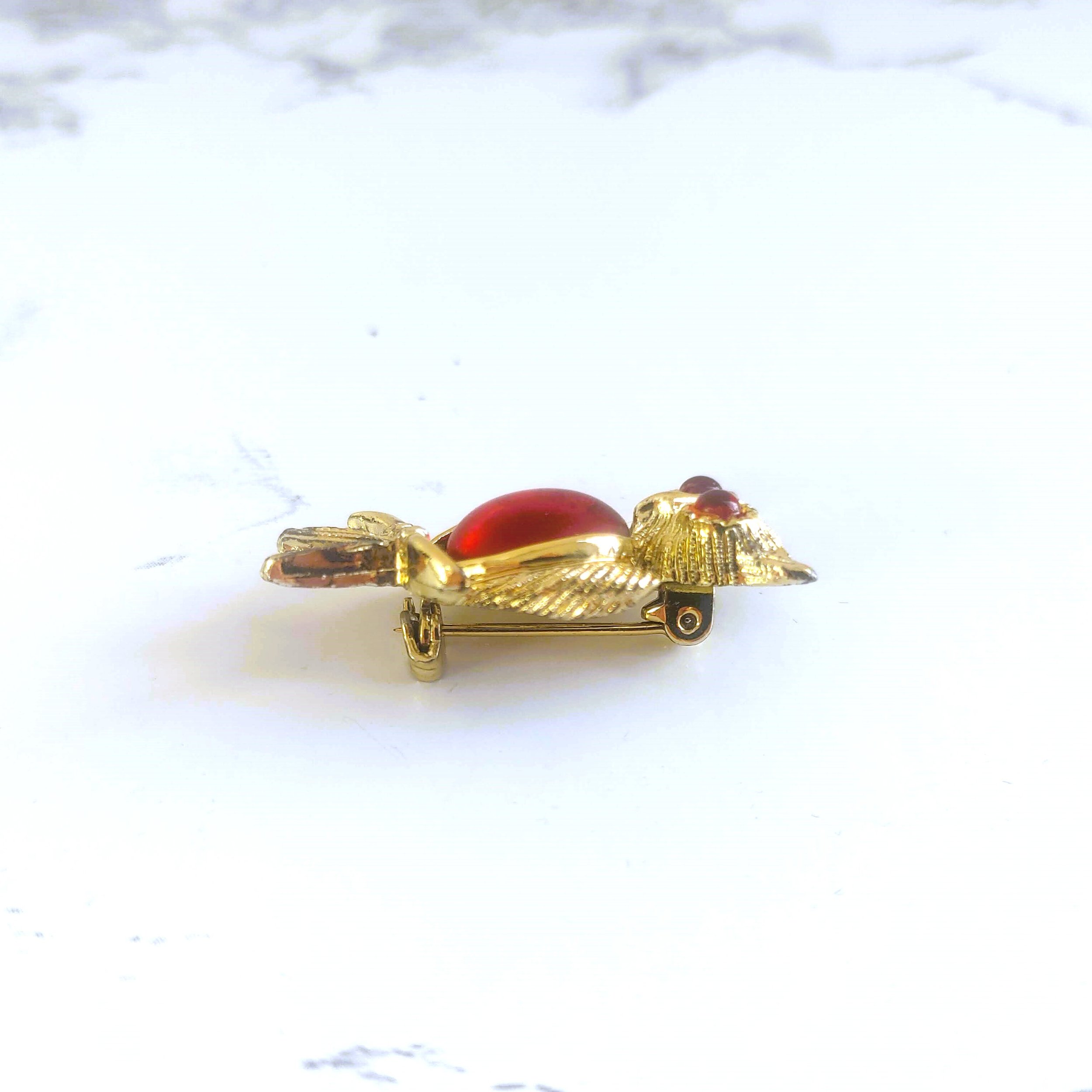 Vintage Red and Gold-tone Owl Brooch with Detailed Feathers