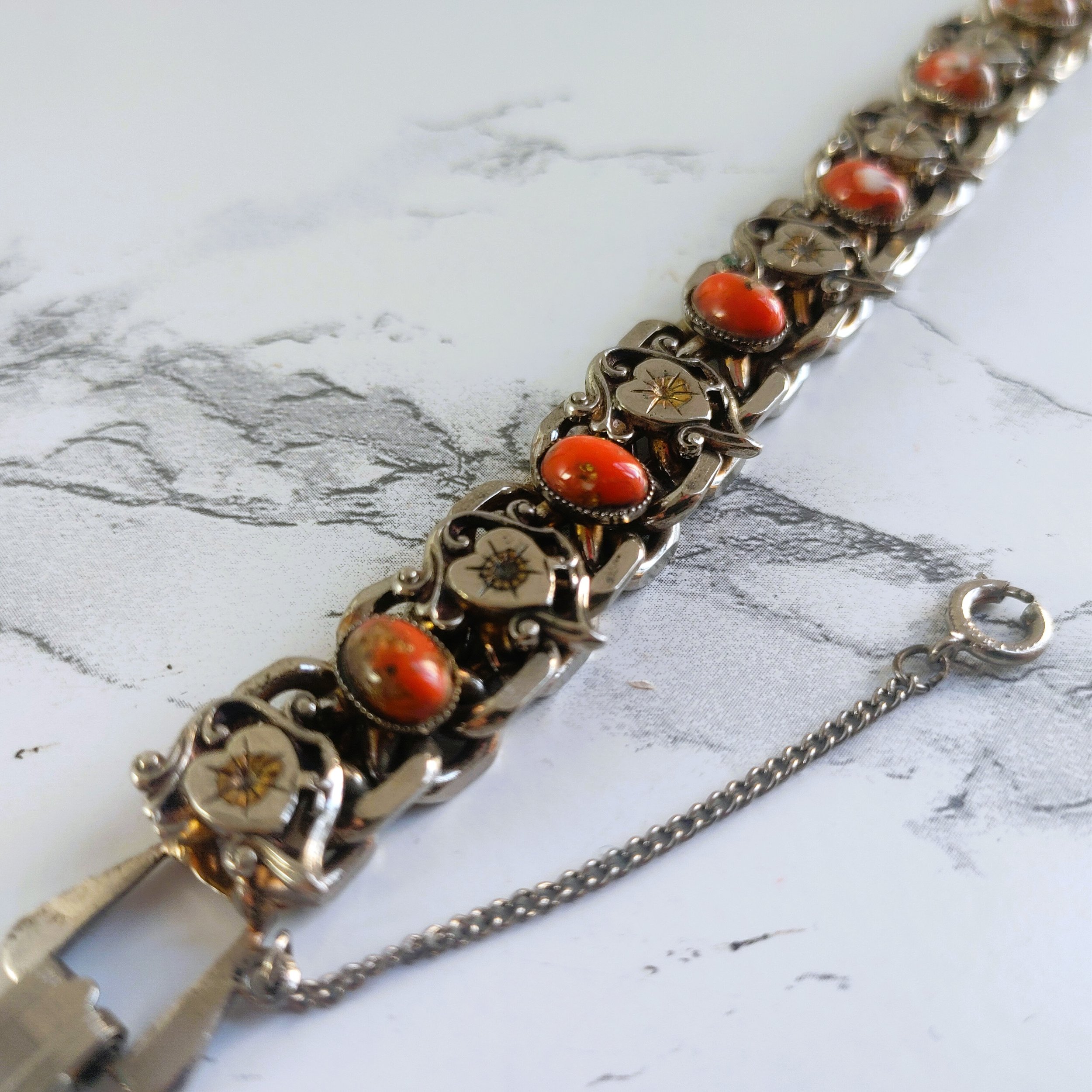 Vintage 1960s Silver Tone Bracelet - Orange Jasper & Filigree Hearts
