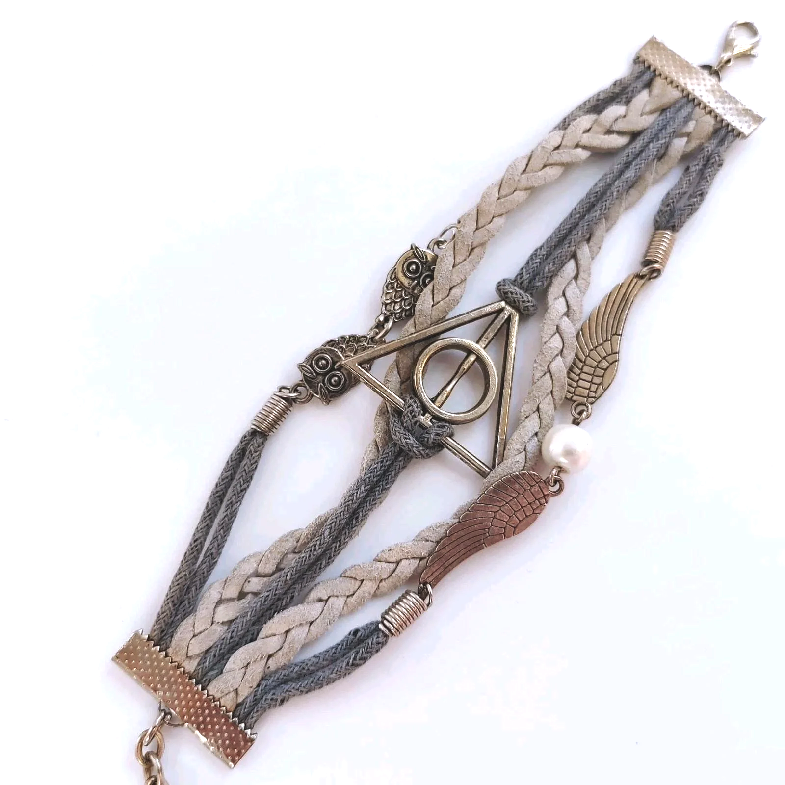 Harry Potter Inspired Bracelet Deathly Hallows Golden Snitch Owl Charm Gray