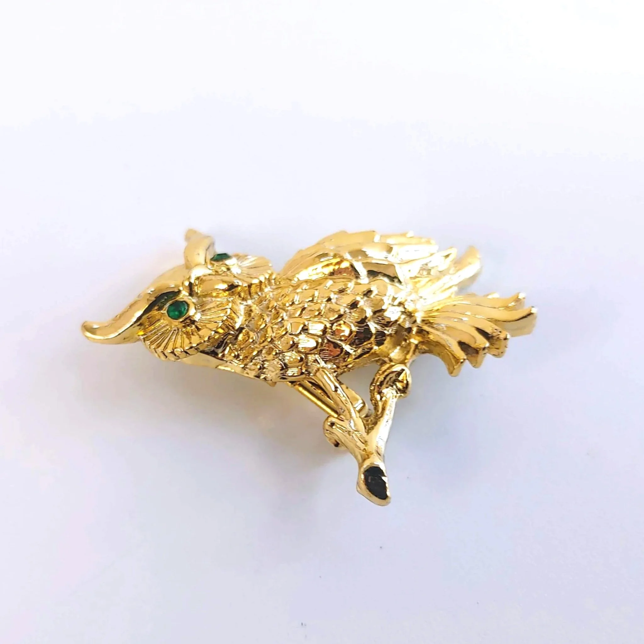 Vintage Gold Tone Horned Owl Brooch - Green Rhinestone Eyes