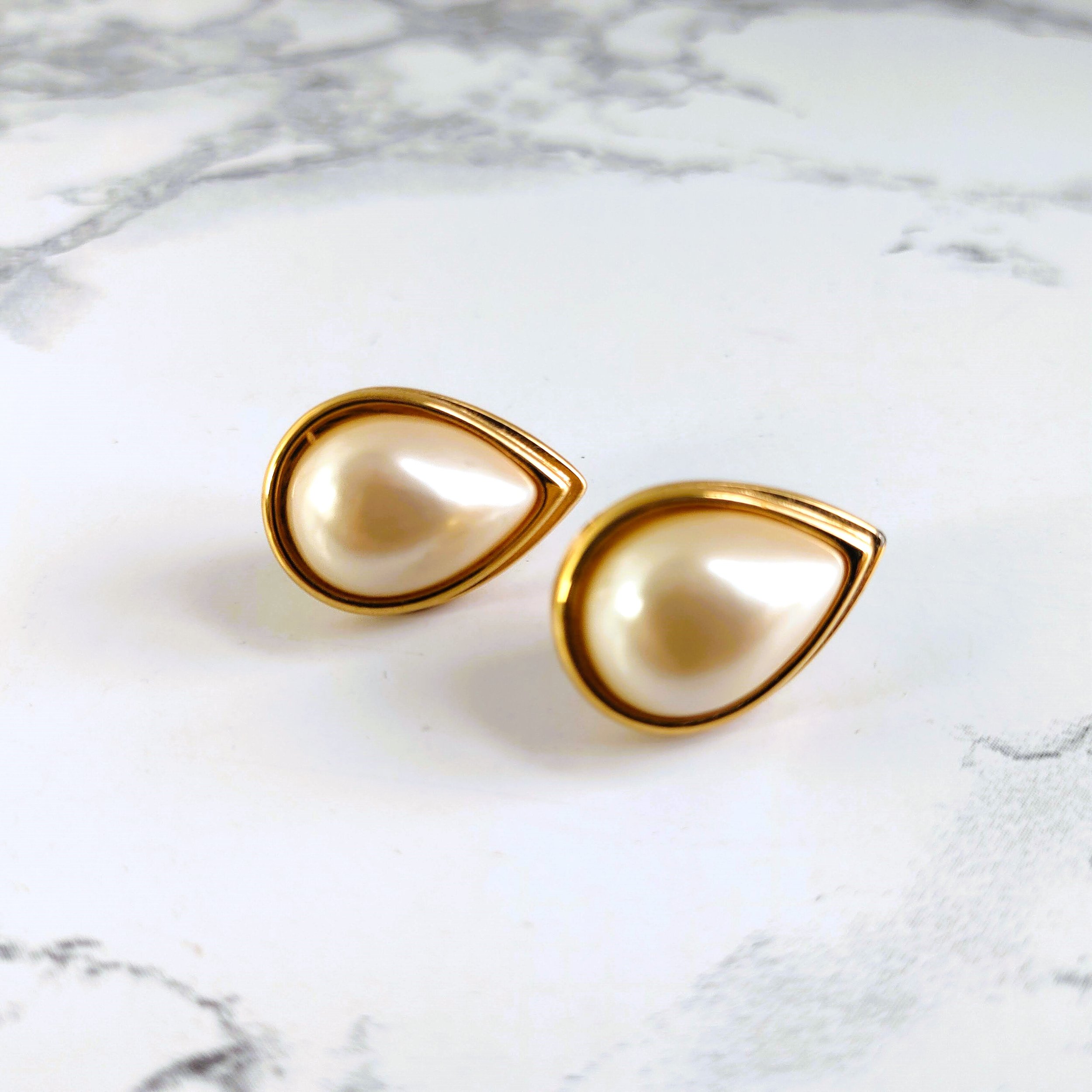 Vintage Gold-Tone Teardrop Faux Pearl Post Earrings