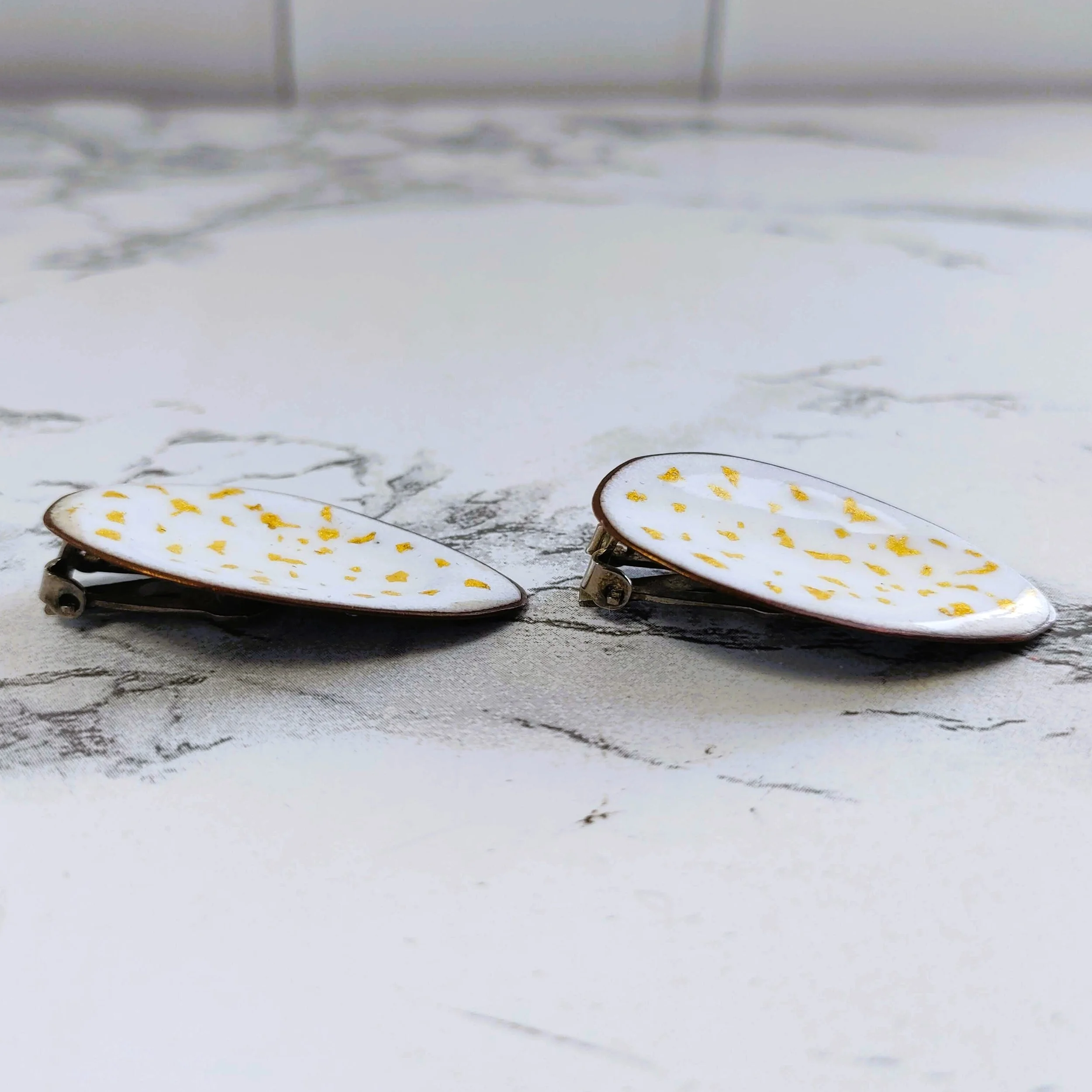 Vintage Oblong White Enamel and Gold Leaf Clip-On Earrings
