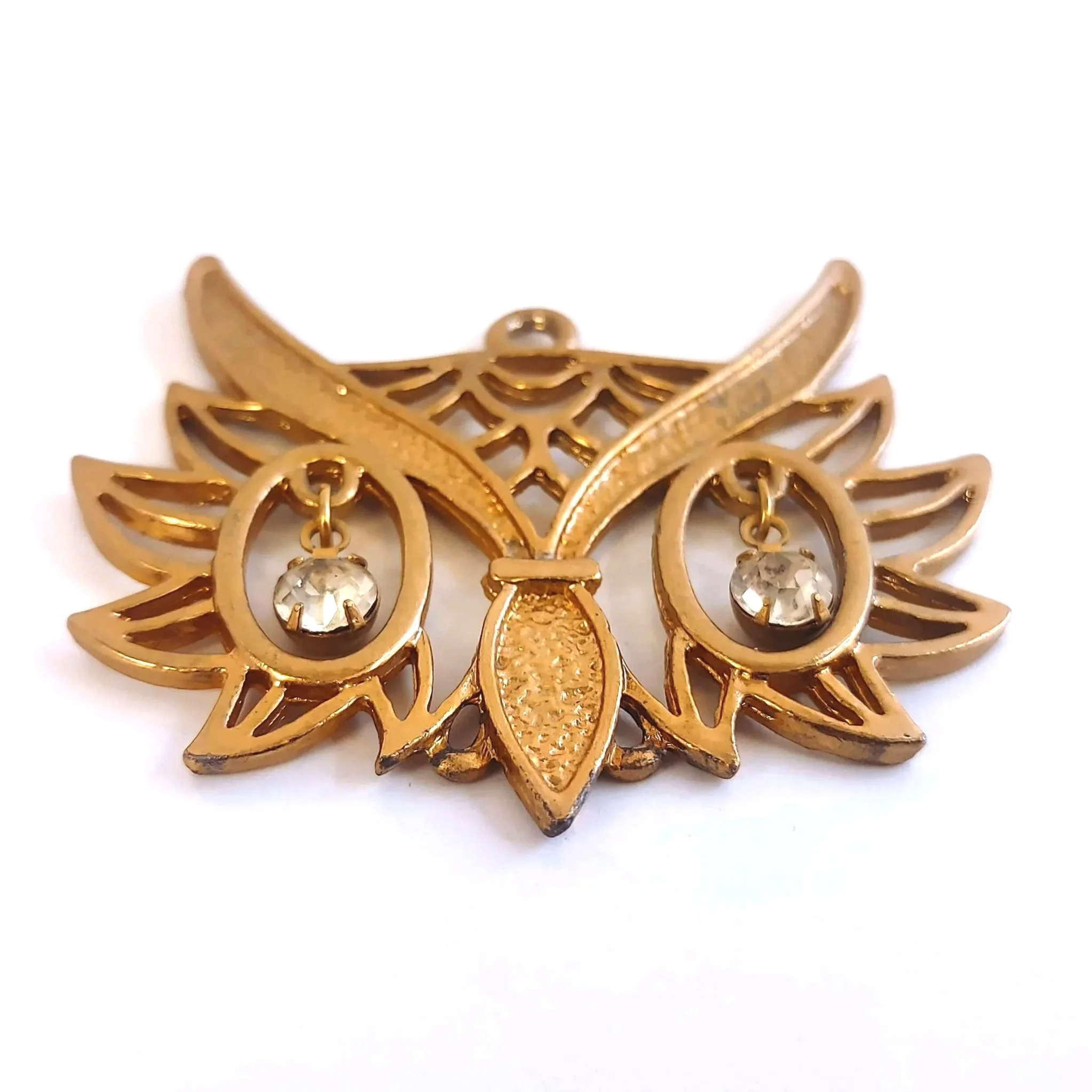 Vintage Art Deco Owl Pendant: Dangle Eyes, Gold & Rhinestones