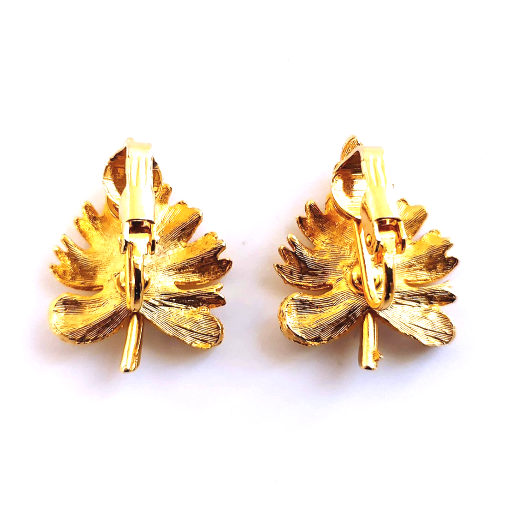 Vintage 1960s Gold Tone Leaf Clip-On Earrings Textured Botanical Mid-Century