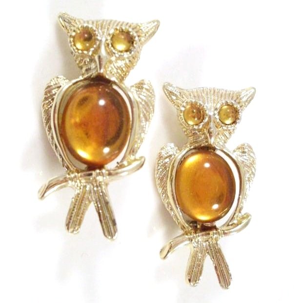 Vintage Owl Brooch Amber Cabochon Chest Gold-tone Setting Set of 2