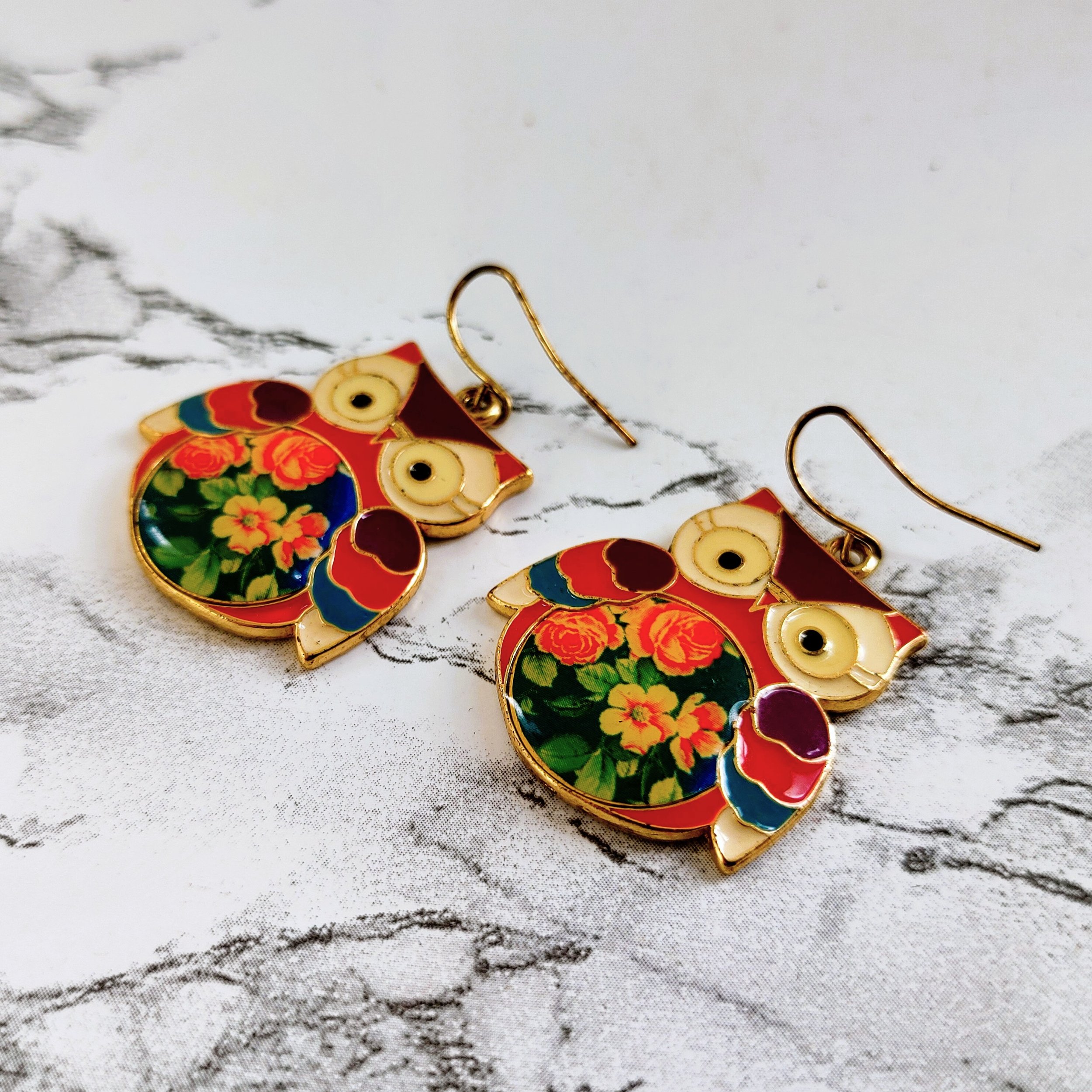 Whimsical Cloisonné Owl Dangle Earrings - Pink & Purple