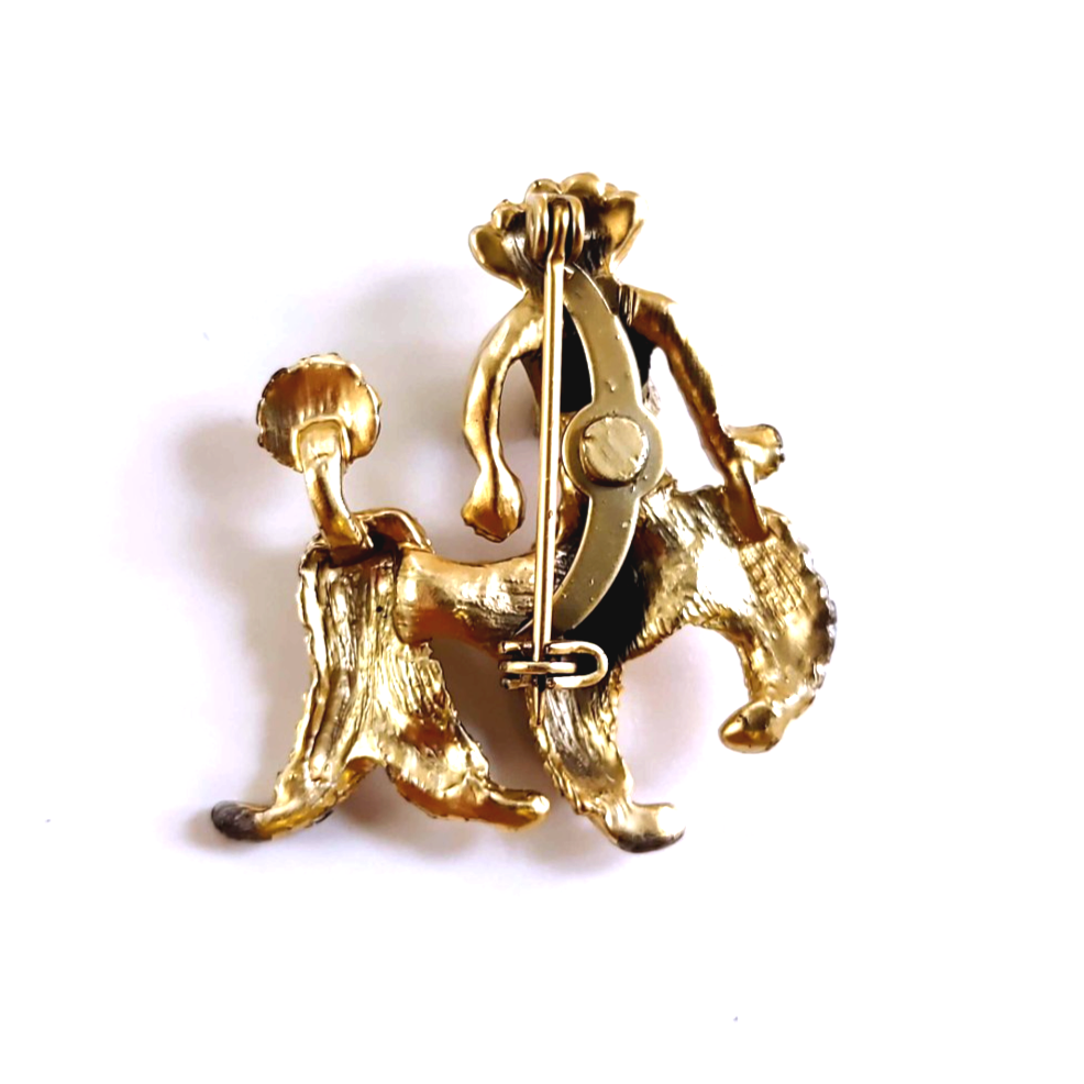 Vintage 1950s Poodle Dog Brooch Gold Tone Red Rhinestone Eyes & Collar