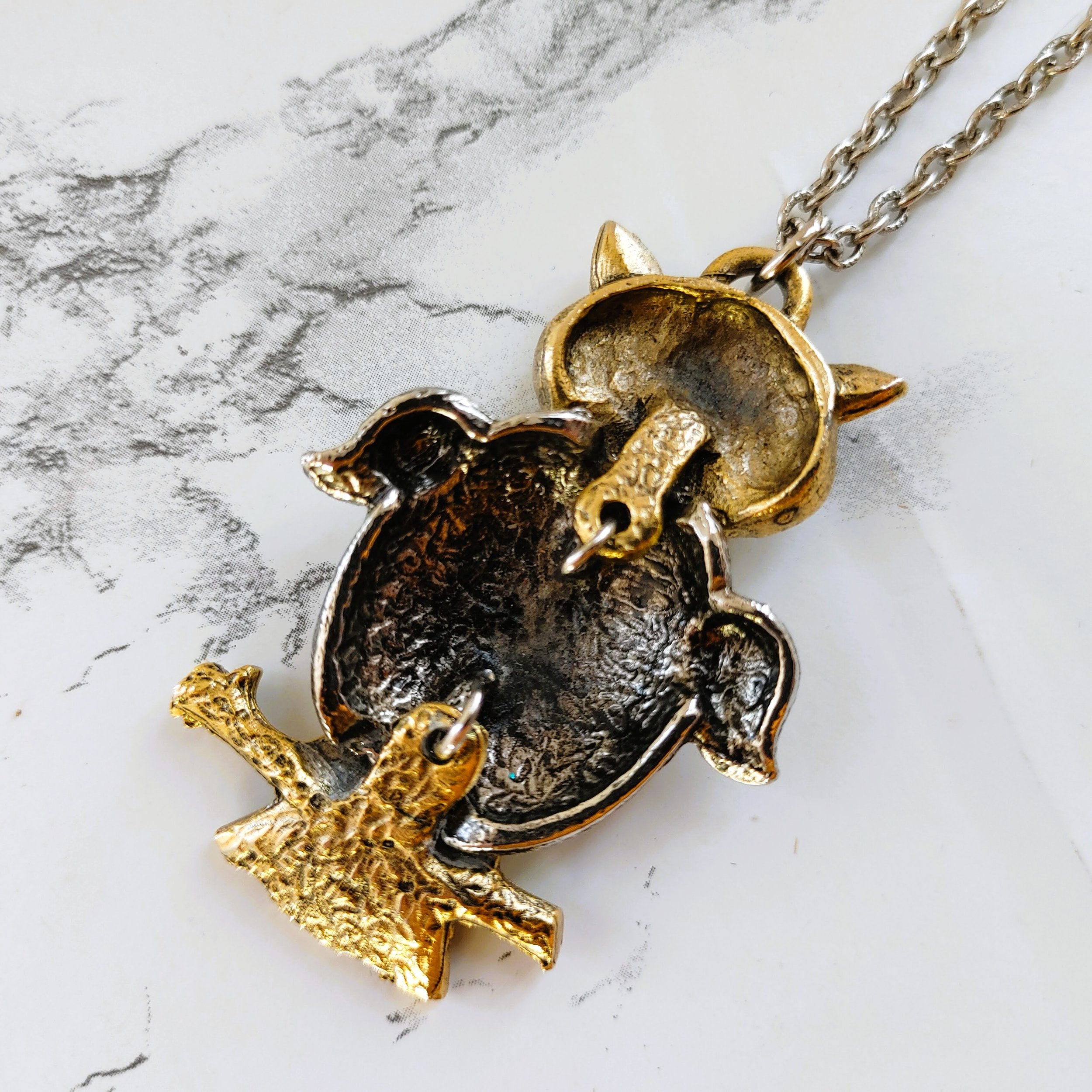 Vintage Articulated Owl Necklace with Two-Tone Design & Double Chain