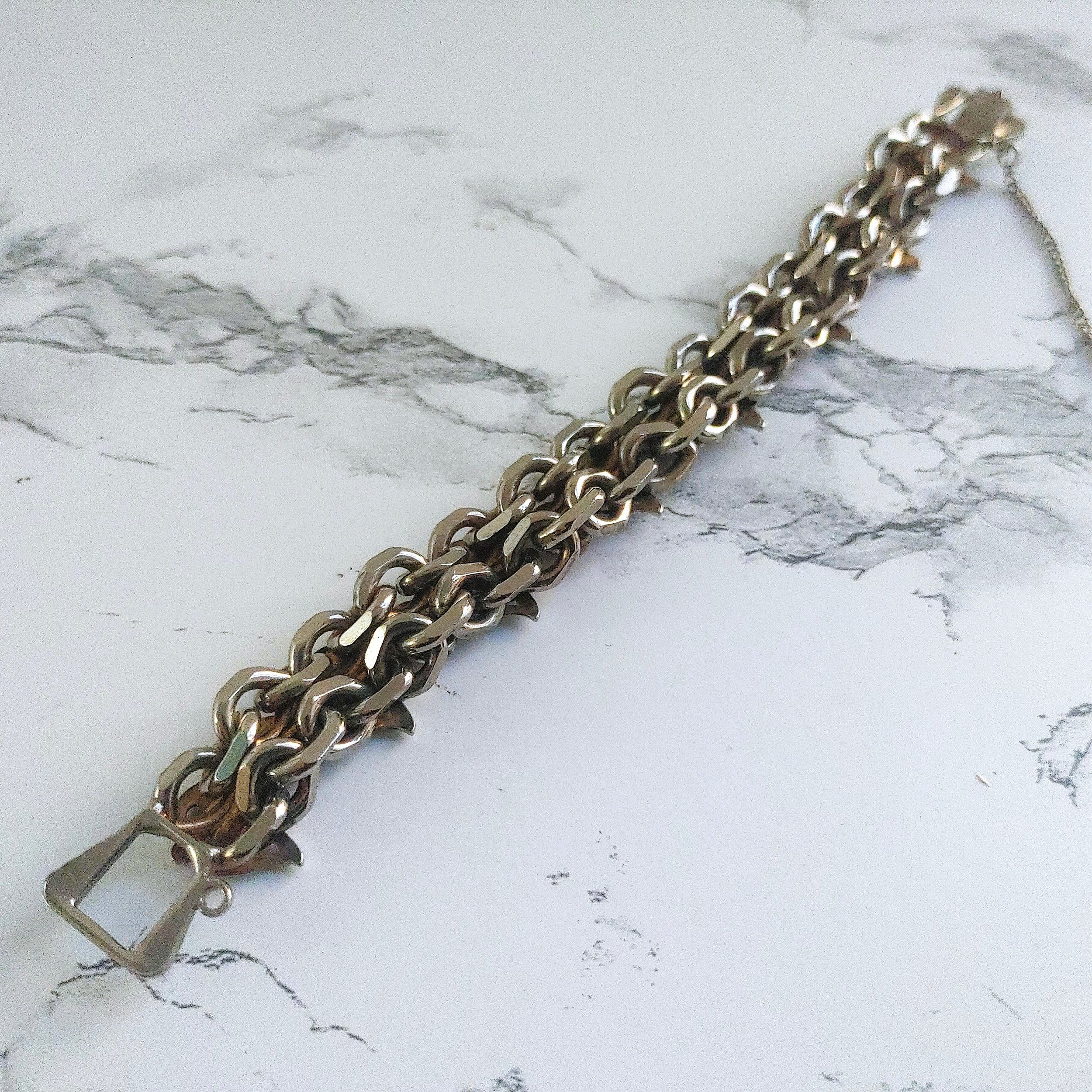 Vintage 1960s Silver Tone Bracelet - Orange Jasper & Filigree Hearts