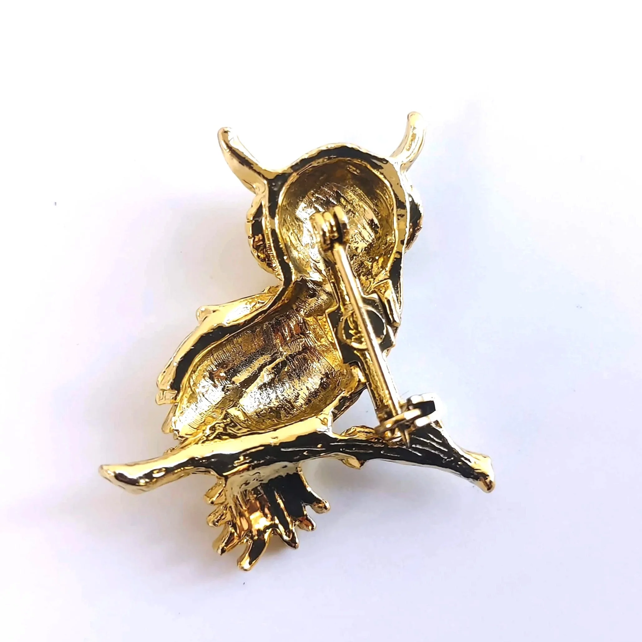 Vintage Gold Tone Horned Owl Brooch - Green Rhinestone Eyes