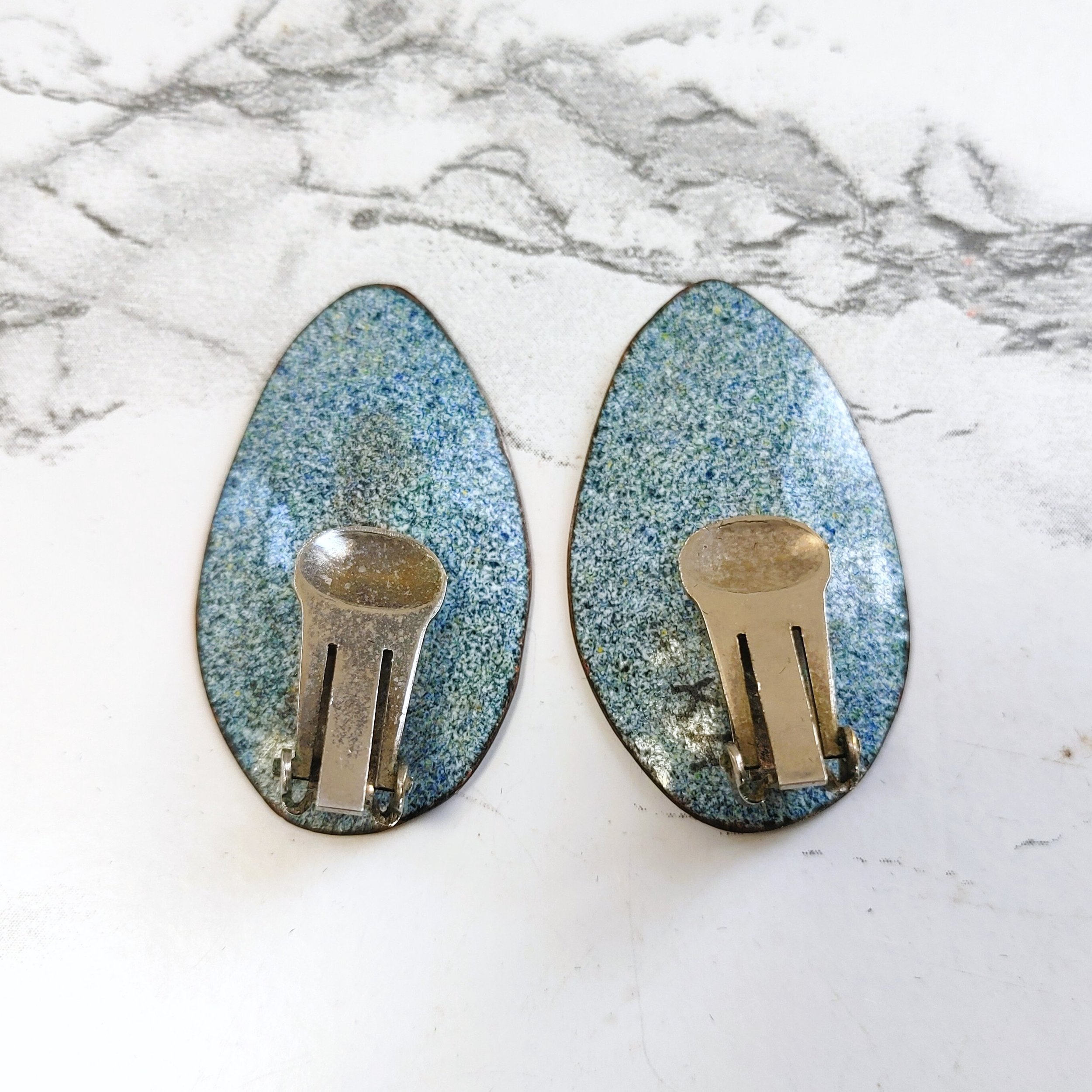 Vintage Oblong White Enamel and Gold Leaf Clip-On Earrings