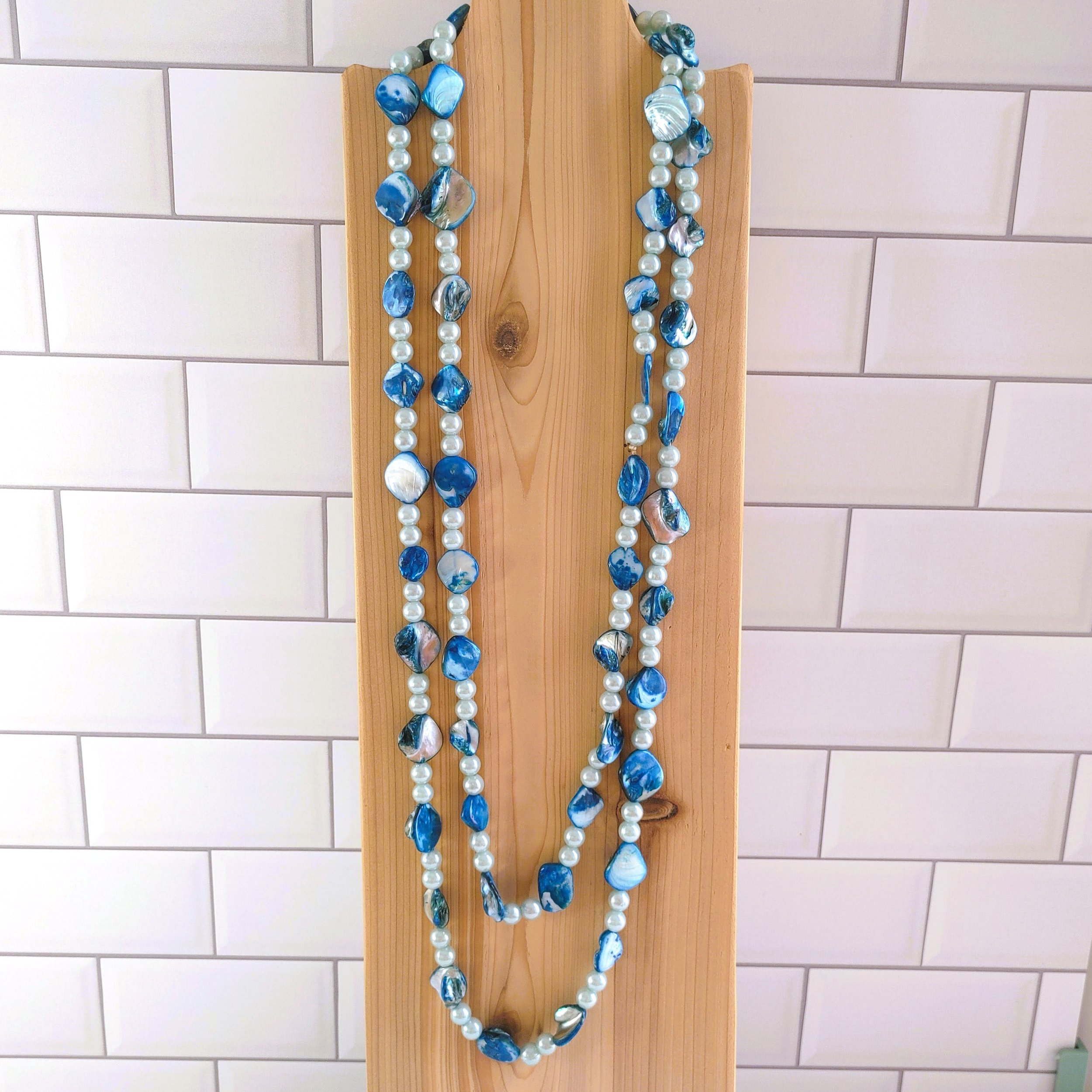 Vintage 1980s Blue-Dyed Mother-of-Pearl Necklace - Long & Versatile