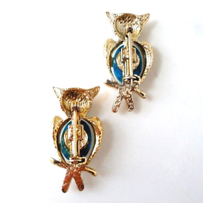 Vintage Gold-Tone Owl Brooches with Faux Turquoise Accents (Set of 2)