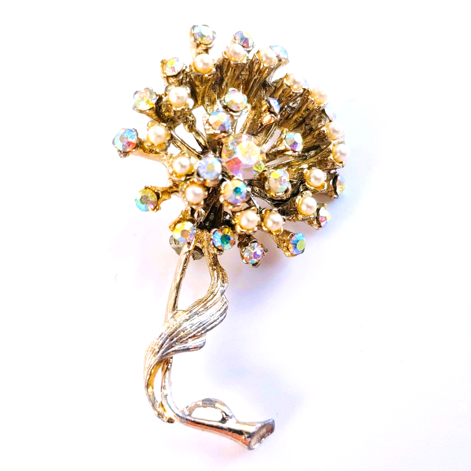Vintage Mid-Century Aurora Borealis Rhinestone & Faux Pearl Flower Brooch