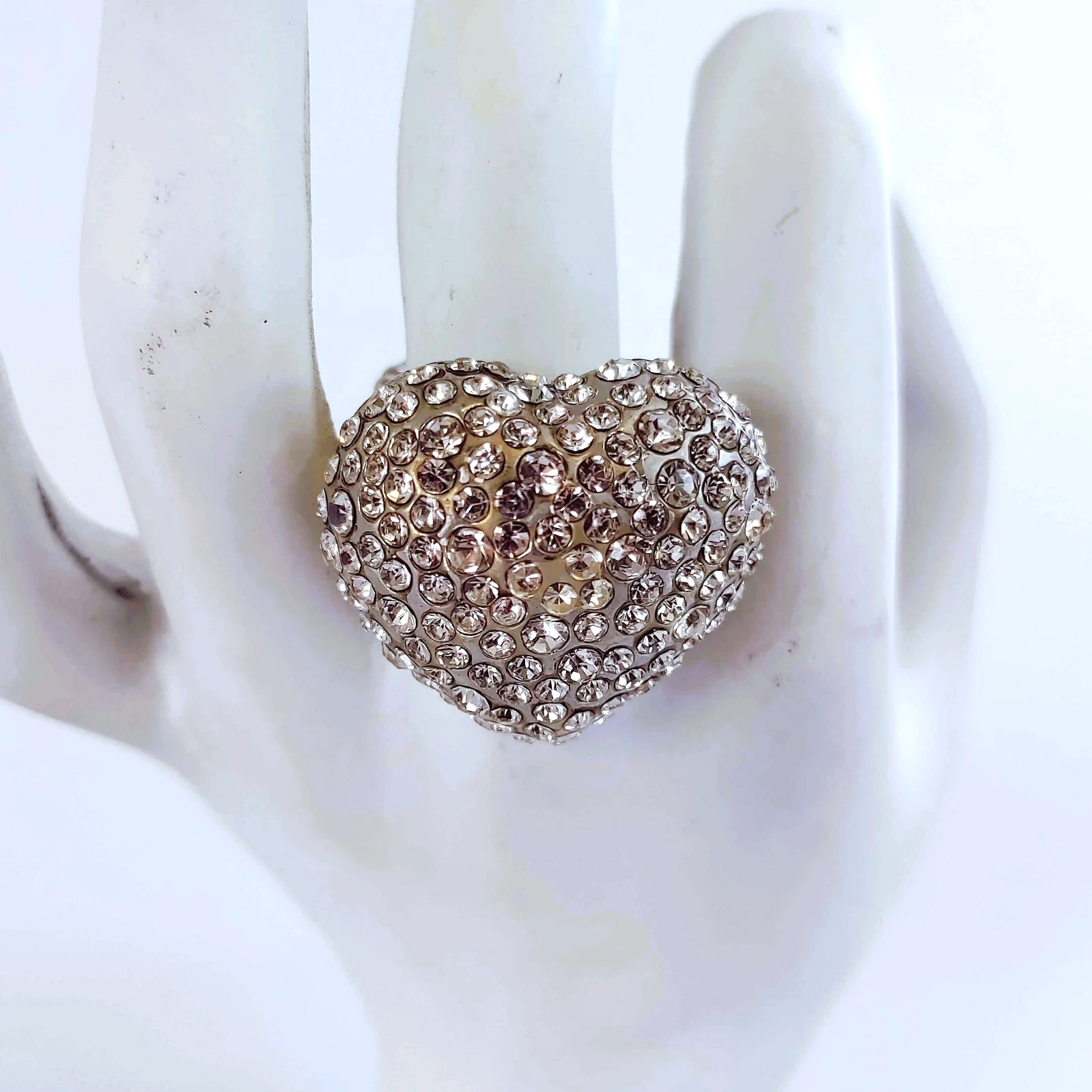 Chunky Rhinestone Silver Heart Statement Adjustable Stretch Ring