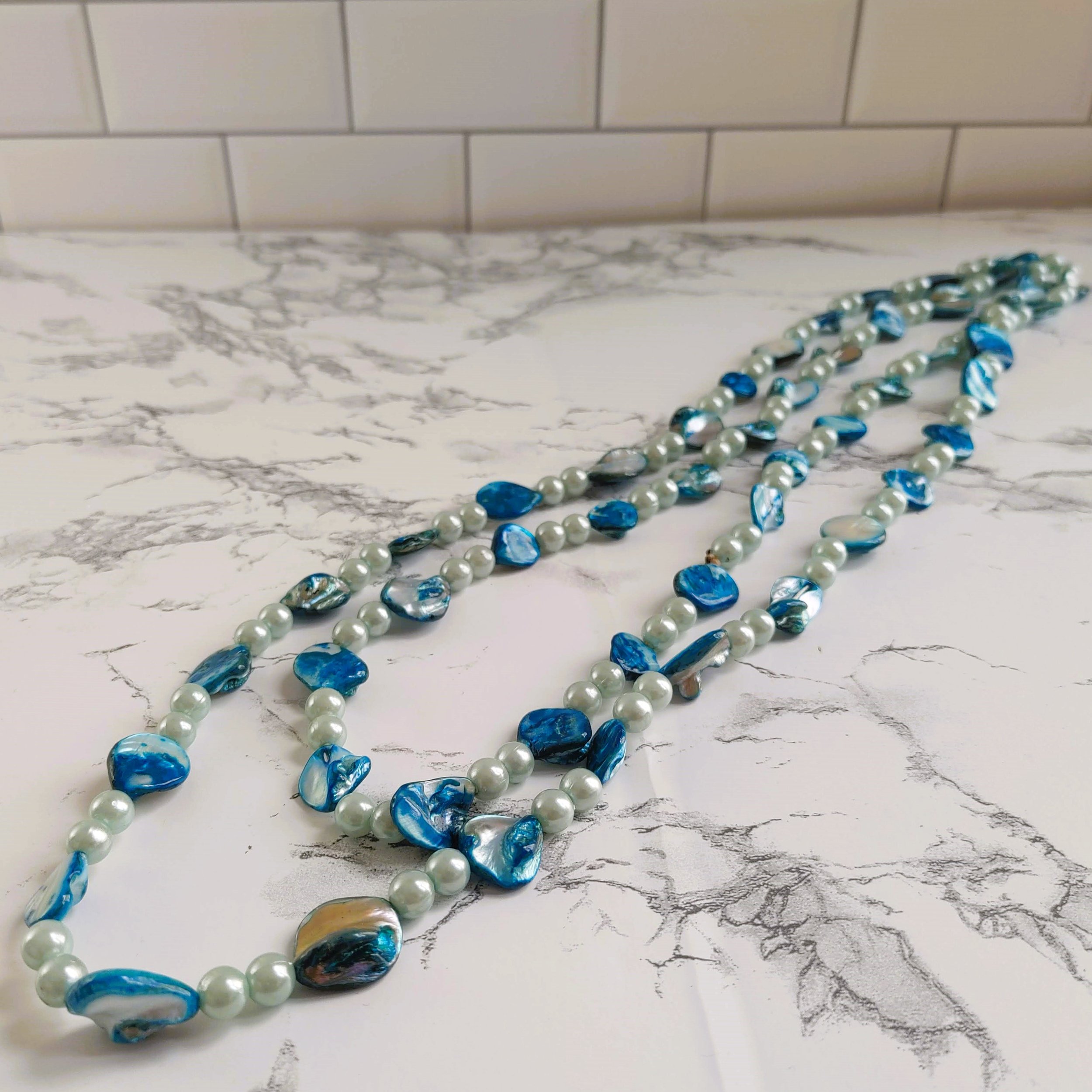 Vintage 1980s Blue-Dyed Mother-of-Pearl Necklace - Long & Versatile